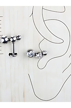Üç Top Taşlı Yay Çelik Tragus Helix Piercing