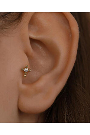 Haç Kristal Tek Taş Altın Tragus Helix Piercing