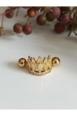 Taşlı Tüylü Taç Altın Piercing