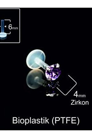 Çelik X Mor Zirkon 4mm x 6mm x 1.2mm Bioplastik Labret Piercing