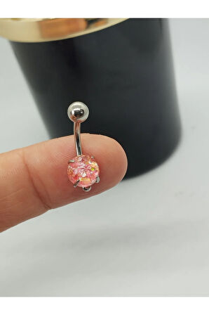 Cerrahi Çelik Opal Fuşya Taş Çelik Göbek Piercing