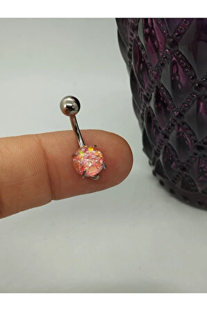 Cerrahi Çelik Opal Fuşya Taş Çelik Göbek Piercing