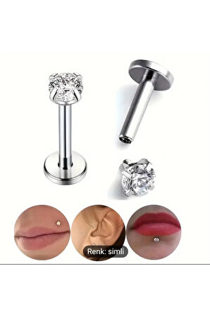Zirkon 2mm x 6mm x 1.2mm Çelik Labret Piercing