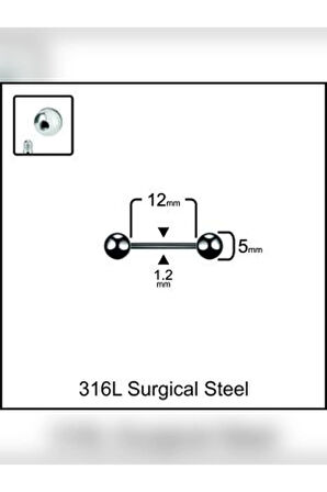 Top 5mm x 12mm x 1.2mm Siyah Düz Bar Piercing