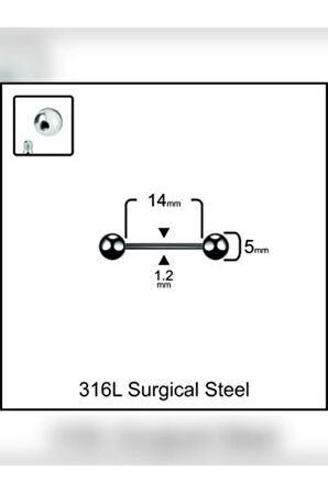 Siyah Düz Bar Piercing (Top 5mm x 14mm x 1.2mm )