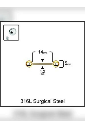 Top 5mm x 14mm x 1.2mm Altın Düz Bar Piercing,