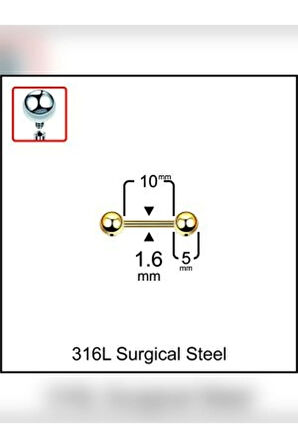 Ters Vida / Top 5mm x 10mm x 1.6mm Altın Düz Bar Piercing