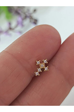 Cerrahi Çelik Gama Haç Pembe Zirkon Altın 6x1.2mm Labret Piercing