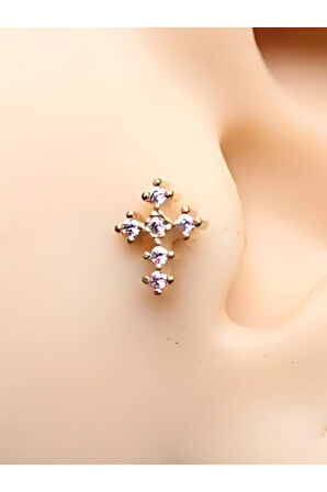 Cerrahi Çelik Gama Haç Pembe Zirkon Altın 6x1.2mm Labret Piercing