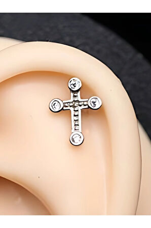 Cerrahi Çelik Haç 4 Taş Kristal Zirkon Çelik 6x1.2mm Labret Piercing