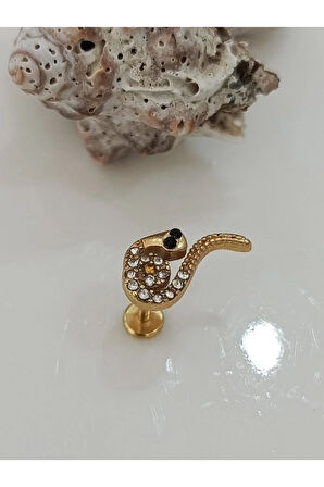 Cerrahi Çelik Yılan Kristal Zirkon Altın 6x1.2mm Labret Piercing