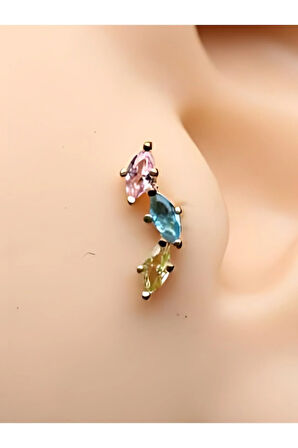 Cerrahi Çelik 3 Badem Multi Zirkon Altın 6x1.2mm Labret Piercing,