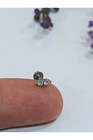 Cerrahi Çelik Çift Taş Kristal Zirkon Çelik 6x1.2mm Labret Piercing