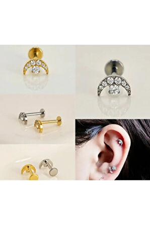 Ay Yıldız Kristal Zirkon Altın Tragus Piercing