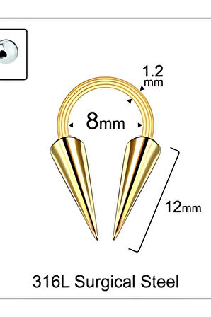 Cerrahi Çelik Spayk 4*12mm X 8mm X 1.2mm Altın Halka Piercing