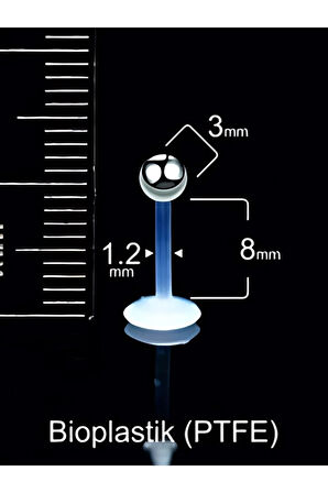 Çelik Top 3mm x 8mm x 1.2mm Bioplastik Labret Piercing