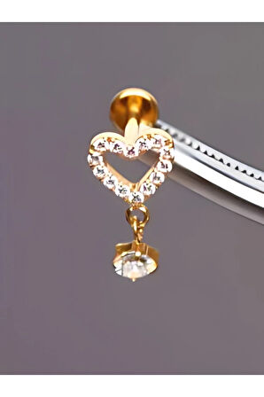 Titanyum Kalp Sallantı Zirkon Altın Titanyum 6x1.2mm Labret Piercing