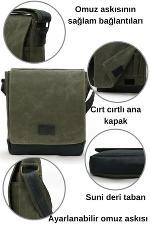 Dark Cotton 7112 Haki Suya Dayanıklı Mumlu Kanvas Çapraz Askılı Postacı Omuz Okul Çantası