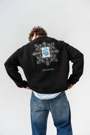 Ethnic Blue Art Oversize Pamuk 3 İplik Şardonlu Siyah SweatShirt