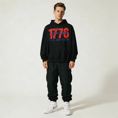 1776 America Freedom Oversize Pamuk 3 İplik Şardonlu Siyah Kapüşonlu SweatShirt