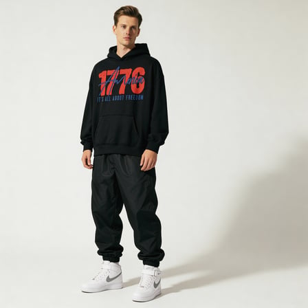 1776 America Freedom Oversize Pamuk 3 İplik Şardonlu Siyah Kapüşonlu SweatShirt