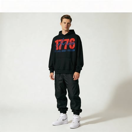 1776 America Freedom Oversize Pamuk 3 İplik Şardonlu Siyah Kapüşonlu SweatShirt