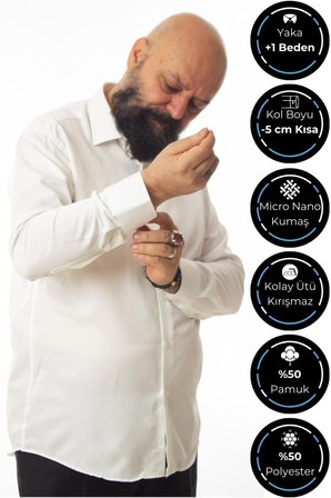 Krem 4 Drop Ekstra Büyük Yaka Rahat Kesim Micro Kumaş Kol Düğmeli Regular Fit Erkek Gömlek // 189-10-DC24X