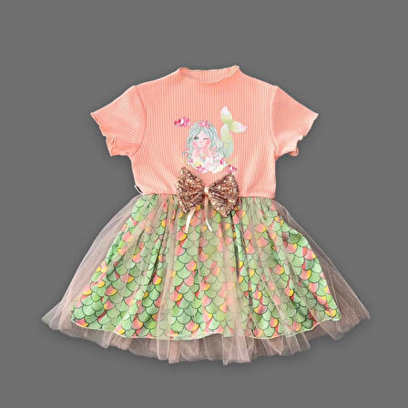 1-2-3 Yaş Denizkızı Baskılı Pul Desen Etekli Kız Bebek Elbisesi Pudra