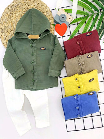 9-12-18-24 Ay Nefes Alan Organik Kumaş Kapşonlu Düğmeli 2li Erkek Bebek Takımı