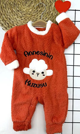 3-6-9-12 Ay Kuzu Tüylü Kumaş Annesinin Kuzusu Nakışlı Alttan Çıtçıtlı Kız Erkek Bebek Tulumu Turuncu