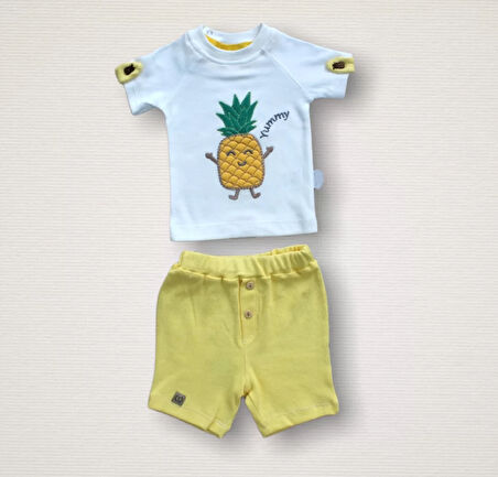 6-9 9-12 12-18 Ay Ananas Nakışlı Kısa Kollu Sweatli Şortlu 2li Kız-erkek Bebek Takımı