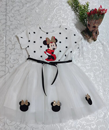 2-3-4 Yaş Puantiyeli Mickey Baskılı Kurdela Kuşaklı Astarlı Kız Bebek Tütü Elbisesi