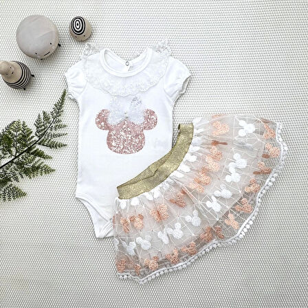 1-2-3 Yaş Payetli Mickey Nakışlı Kısa Kollu Brode Etekli 2li Kız Bebek Takımı Pudra