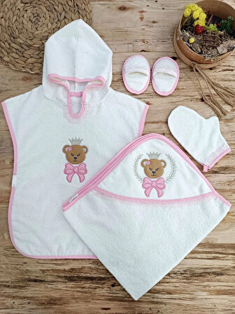 0-1 Yaş Bear Nakışlı Pareolu 4lü Kız Bebek Havlu Silgi Takımı Pembe