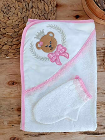 0-1 Yaş Bear Nakışlı Pareolu 4lü Kız Bebek Havlu Silgi Takımı Pembe