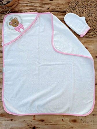 0-1 Yaş Bear Nakışlı Pareolu 4lü Kız Bebek Havlu Silgi Takımı Pembe
