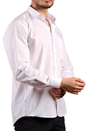 Beyaz Rahat Kesim Cepli Uzun Kol Regular Fit Erkek Gömlek  - 150-1