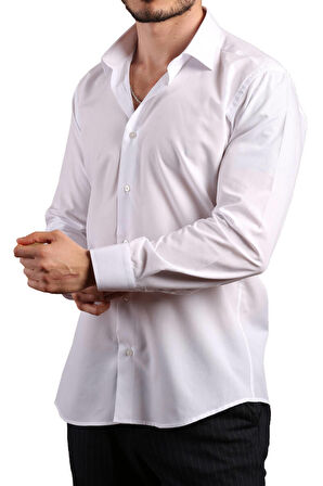 Beyaz Dar Kesim Slim Fit Uzun Kol Düz Renk Erkek Gömlek  - 151-1