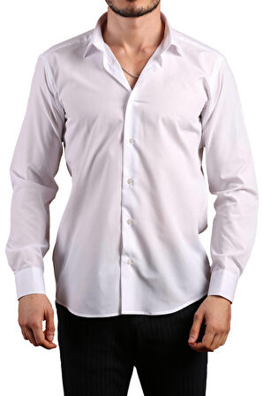 Beyaz Dar Kesim Slim Fit Uzun Kol Düz Renk Erkek Gömlek  - 151-1