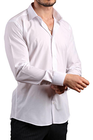 Beyaz Dar Kesim Slim Fit Uzun Kol Düz Renk Erkek Gömlek  - 151-1