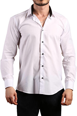 Beyaz Yaka İçi Siyah Dar Kesim Slim Fit Uzun Kol Düz Renk Erkek Gömlek  - 152-1 /151