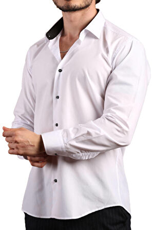 Beyaz Yaka İçi Siyah Dar Kesim Slim Fit Uzun Kol Düz Renk Erkek Gömlek  - 152-1 /151