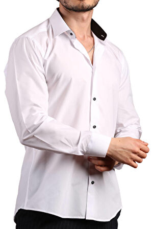 Beyaz Yaka İçi Siyah Dar Kesim Slim Fit Uzun Kol Düz Renk Erkek Gömlek  - 152-1 /151