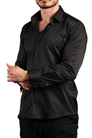 Siyah Ekstra Dar Kesim Likralı Esnek Micro Kumaş Kol Düğmeli Slim Fit Erkek Gömlek - 195-6