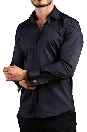 Lacivert Ekstra Dar Kesim Likralı Esnek Micro Kumaş Kol Düğmeli Slim Fit Erkek Gömlek - 195-12