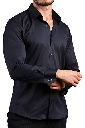 Lacivert Ekstra Dar Kesim Likralı Esnek Micro Kumaş Kol Düğmeli Slim Fit Erkek Gömlek - 195-12