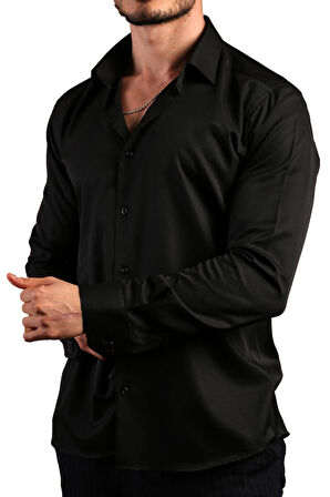 Siyah 8 Drop Ekstra Uzun Kol Dar Kesim Micro Kumaş Kol Düğmeli Slim Fit Erkek Gömlek - 197-6