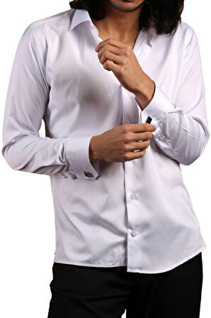 Beyaz Dar Kesim Micro Kumaş Kol Düğmeli Slim Fit Erkek Gömlek - 201-1