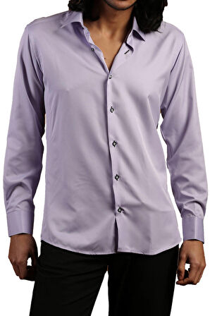 Lila Dar Kesim Micro Kumaş Kol Düğmeli Slim Fit Erkek Gömlek - 201-3