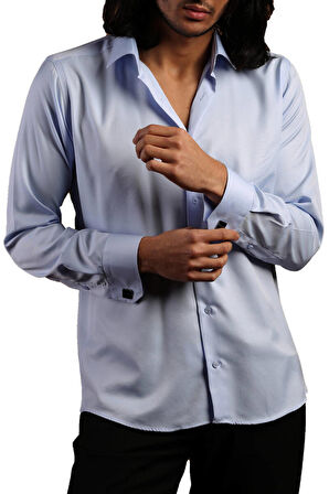 Mavi Dar Kesim Micro Kumaş Kol Düğmeli Slim Fit Erkek Gömlek - 201-4